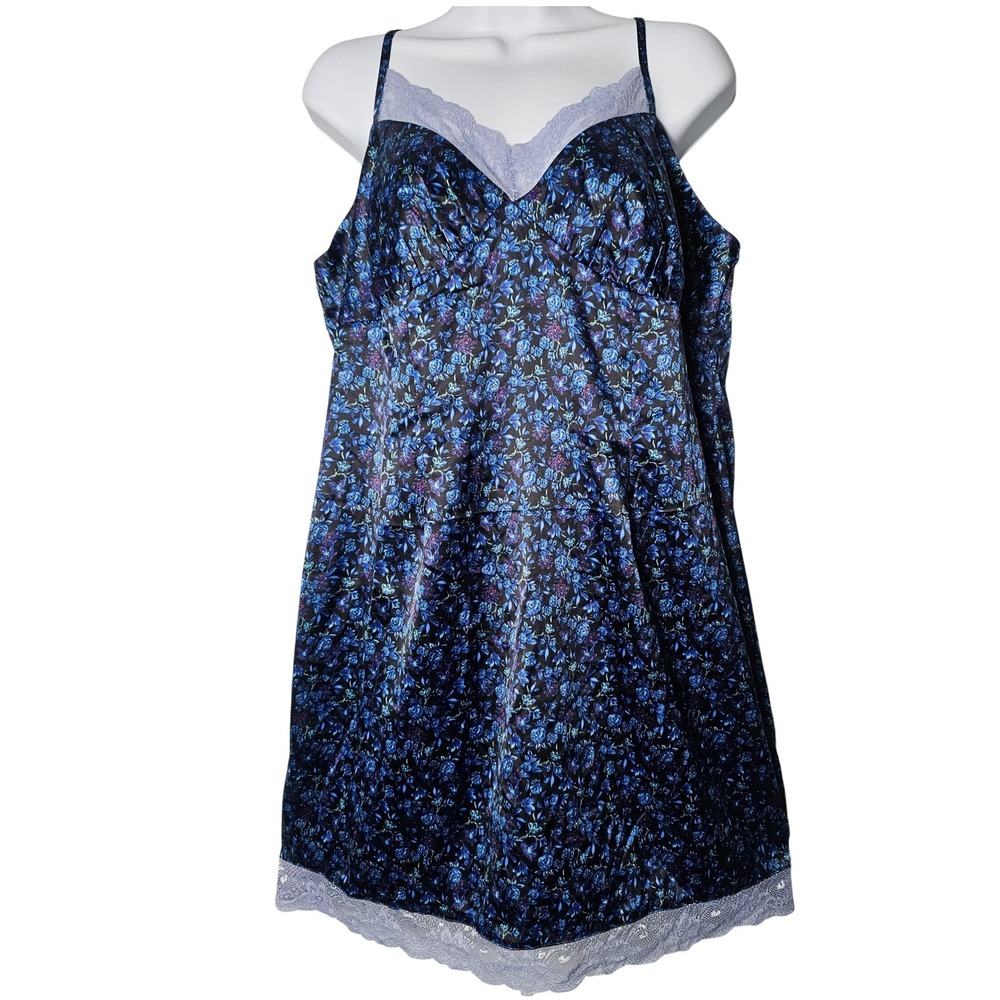 NWT Wild Fable Satin Slip Dress 14W Lapis Floral Lace Trim Y2K‎ Boho Whimsygoth